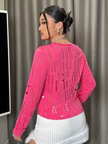 SHEIN ICON 加大尺碼女款修身長袖空心t恤 - 玫紅色 - 查看 4