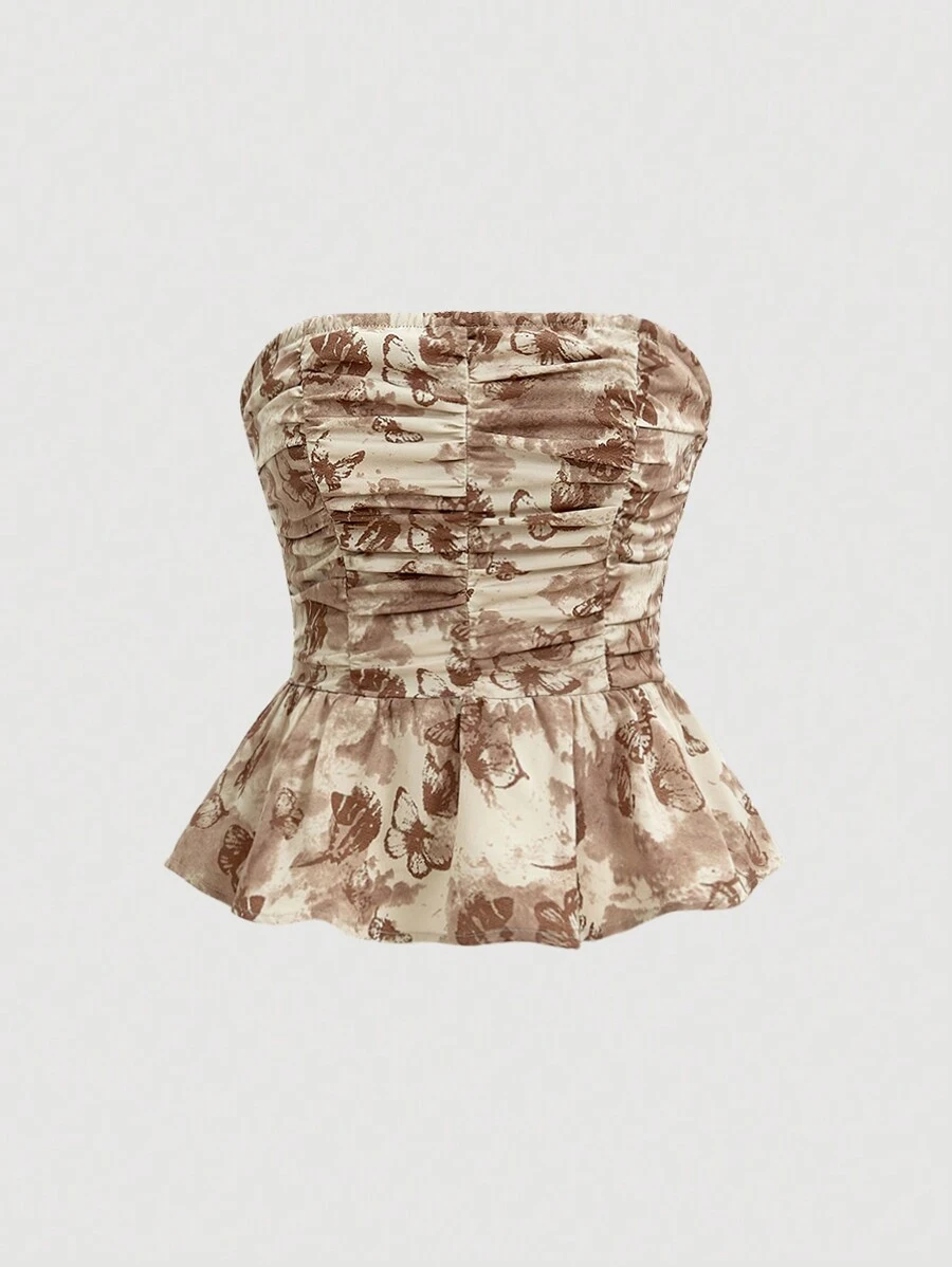SHEIN MOD Women's Butterfly Printed Strapless Top With Pleats, Ruffles And Asymmetric Hem - Multicolor - View 1