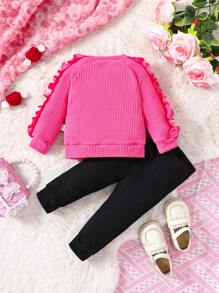 Conjunto De Blusa Y Pantalones Con Estampado De Corazones Y Ribete Con Volantes Para Bebé Niña - Rosa - Ver 2