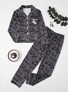 Tween Boys' Panda Pattern Printed Button-Down Pajama Set