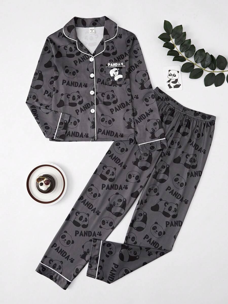 Tween Boys' Panda Pattern Printed Button-Down Pajama Set