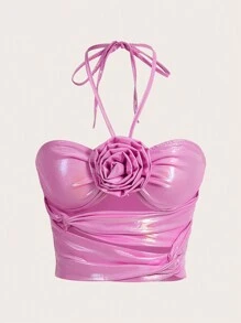 SHEIN ICON 金屬質感的雙肩項式上衣,帶有3d花朵和扭結細節 - 粉色 - 查看 2
