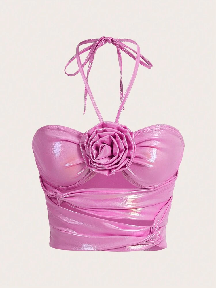 Metallic Look Fabric Halterneck Top With 3d Flower And Twist Knot Detail