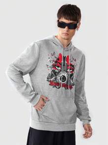 ROMWE MEN Grunge Punk Men'S Pattern Printed Hoodie With Kangaroo Pocket - Grey - View 4