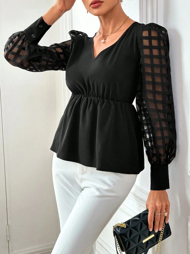 Women'S V-Neck Waist Tie Sleeve Plaid Mesh Contrast Long Sleeve Blouse
