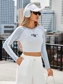 SHEIN Essnce Long Sleeve Crop Top T-Shirt - Grey - View 4