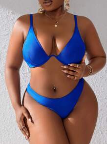 Slaydiva Summer Beach Plus Size Women's Underwire Swimwear Set - Blue - View 4