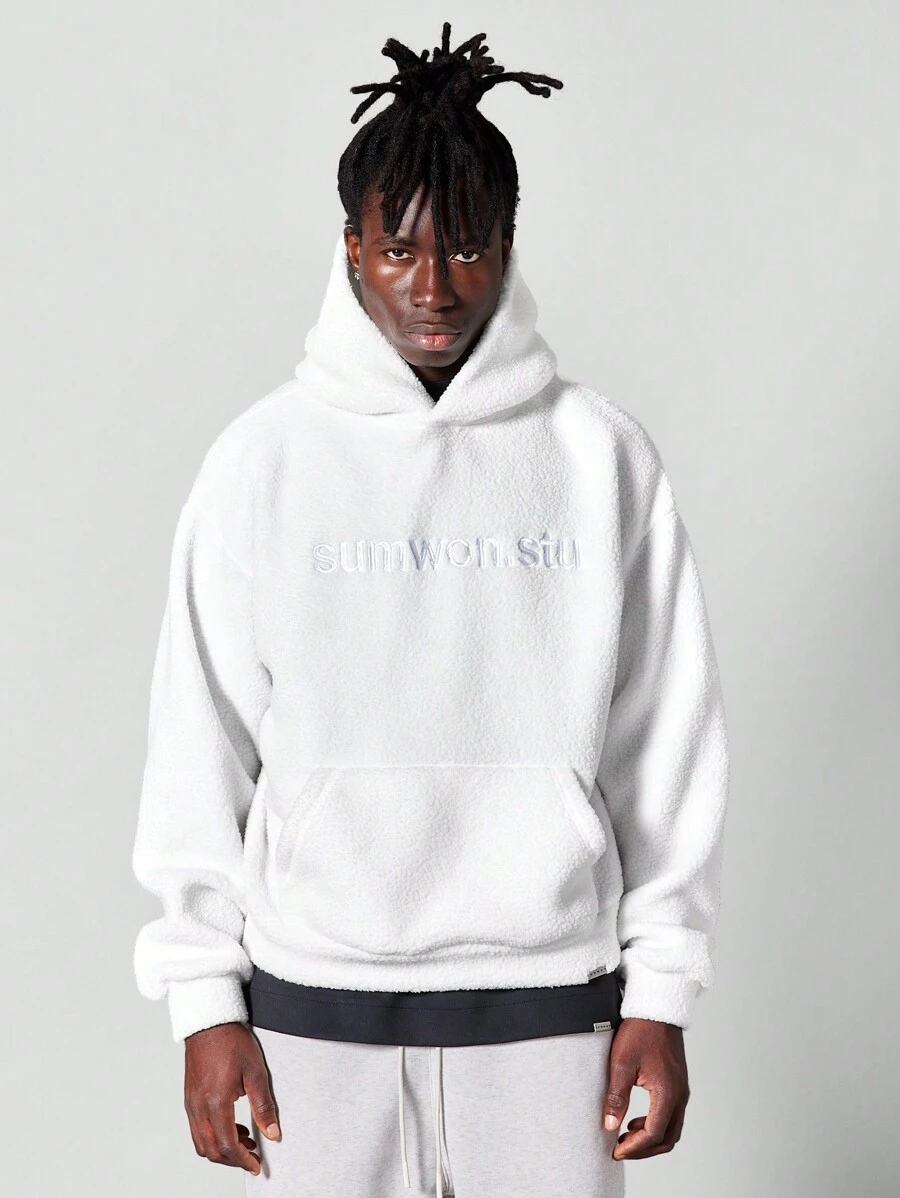 SUMWON Áo hoodie lông cừu thêu phía trước - trắng - Xem 1