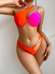 SHEIN Swim 女士撞色镂空比基尼套装夏季海滩 - 彩色 - 查看 1