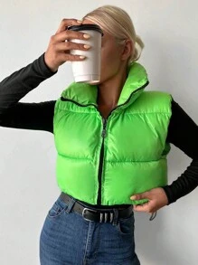 EURMUSE Zip Up Puffer Vest Coat - Green - View 1