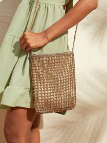 SHEIN VCAY Bolsa De Praia De Verão Trançada E Vazada, Bolsa De Palha Trançada, Bolsa De Tecido Trançado, Perfeita Para Viagem De Verão, Ao Ar Livre E Férias