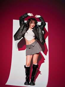 SHEIN EZwear Turn-down Collar Black Leather Jacket With Zipper - Black - View 2