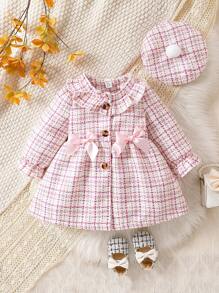 SHEIN 2pcs/Set Thick Woolen Cloth Ruffled Collar Ruffle Sleeve Dress And Hat For Baby Girls - Baby Pink - View 7