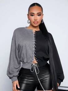 SHEIN SXY 女性鬆身彩塊黑灰色街頭風格的連帽衫,帶纏繞式綁帶 - 彩色 - 查看 5