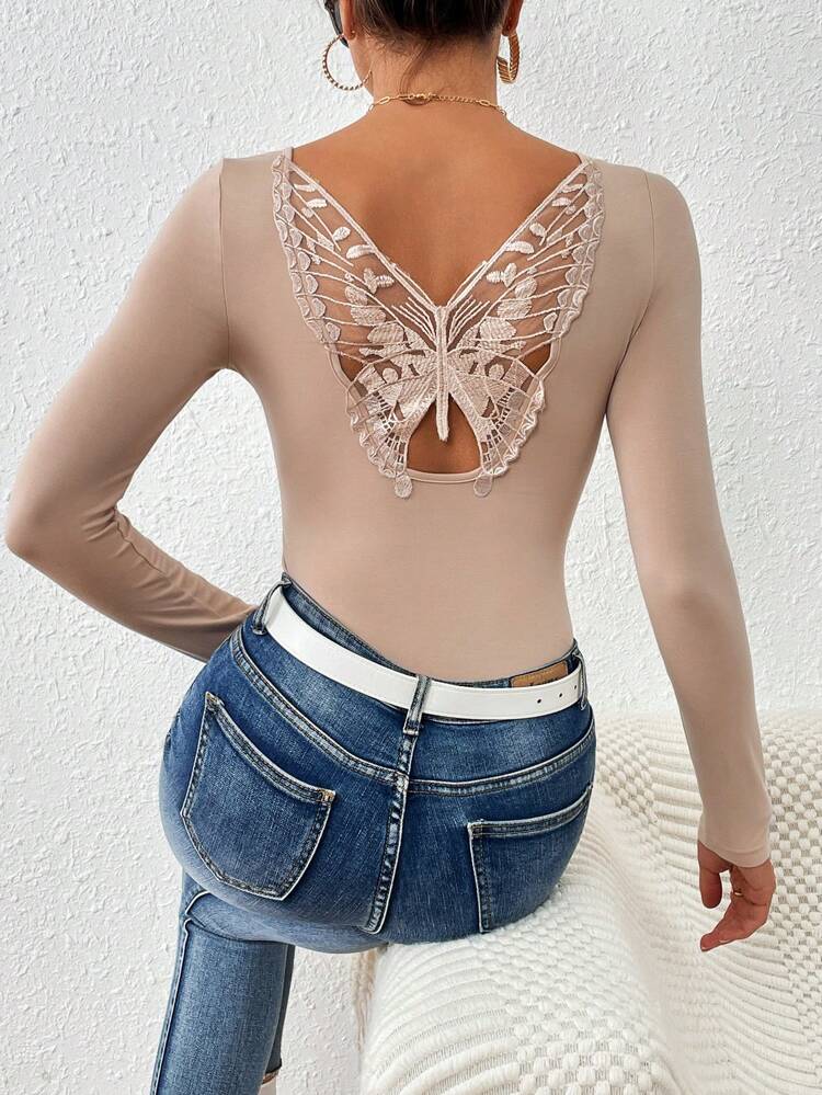 Embroidered Butterfly Decoration Long Sleeve T-Shirt