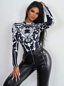 Zolique Full Print Long Sleeve Bodysuit Fall Cloth For Women - Blue and White - View 4