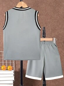 SHEIN Tween Boy Letter Printed Vest Shorts Two-Piece Set, School, Campus, College - Grey - View 2