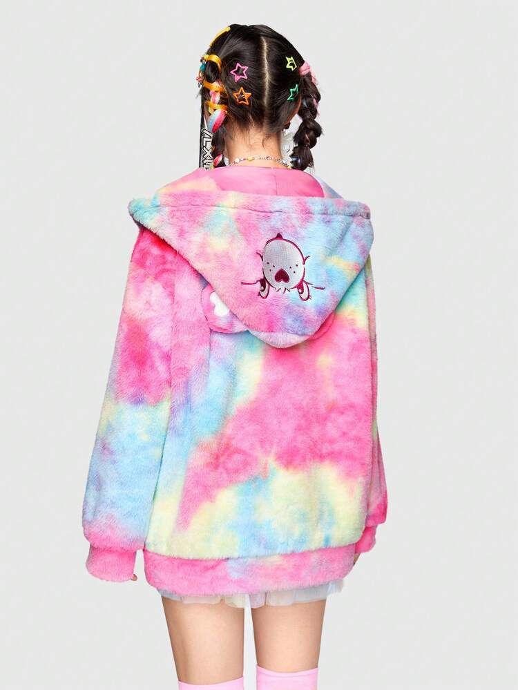 ROMWE X Care Bears Hoodie Mullido Con Cordón, Bordado De Dibujos Animados Teñido Anudado - Rosa - Añade 4