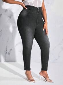 SHEIN SXY 女性加大碼高腰細腿牛仔褲 - 黑色 - 查看 4