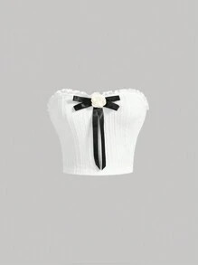 SHEIN MOD Three-Dimensional Flower Bow Front Frill Trim Jacquard Texture White Tube Top
