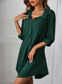 SHEIN Clasi 女士下襬領捲袖襯衫連身裙 - 墨綠色 - 查看 3