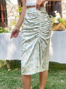 Soleia 女款花卉印花抽繩裹身高開衩半身裙 - 淺藍色 - 查看 6