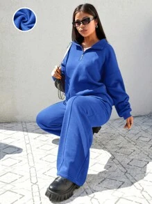 SHEIN Cottnline Plus Size Drop Shoulder Sleeve Zippered Half Placket Warm Lined Sweatshirt And Sweatpants Two-Piece Set - Royal Blue - View 1