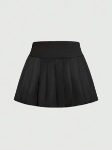 ROMWE Goth 女士鍊條細節編織腰帶百褶裙 - 黑色 - 查看 2