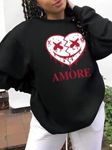 SHEIN EZwear Women's Plus Size Loose Fit Heart & Letter Pattern Drop Shoulder Sweatshirt - Black - View 1