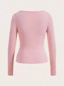 Firerie Solid V Neck Ribbed Knit Pink Top Tee - Pink - View 8