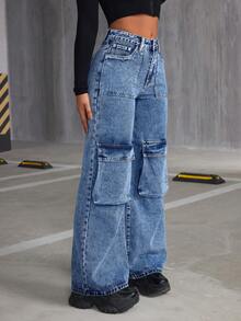 SHEIN ICON 女士皮工口袋牛仔闊腿褲 - 中等水洗藍 - 查看 4