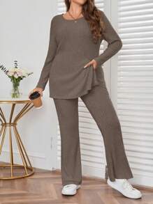 SHEIN Essnce Kích thước lớn Chia bên Tay áo dài Áo thun Và Quần Bộ - Màu Khaki - Xem 3