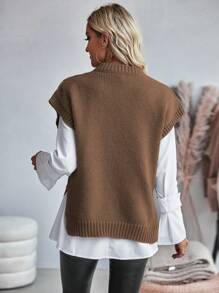 SHEIN Essnce 1 件圓領絞花針織毛衣背心 - 咖啡棕 - 查看 2