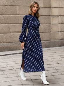SHEIN Clasi 女士波點連身裙,有綁帶領和燈籠袖 - 彩色 - 查看 5