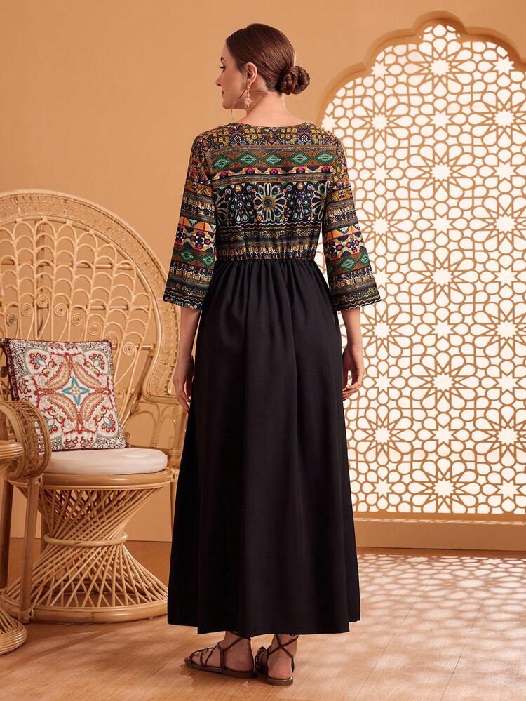 Women'S Geometric Pattern 3/4 Sleeve Arabic Style Dress