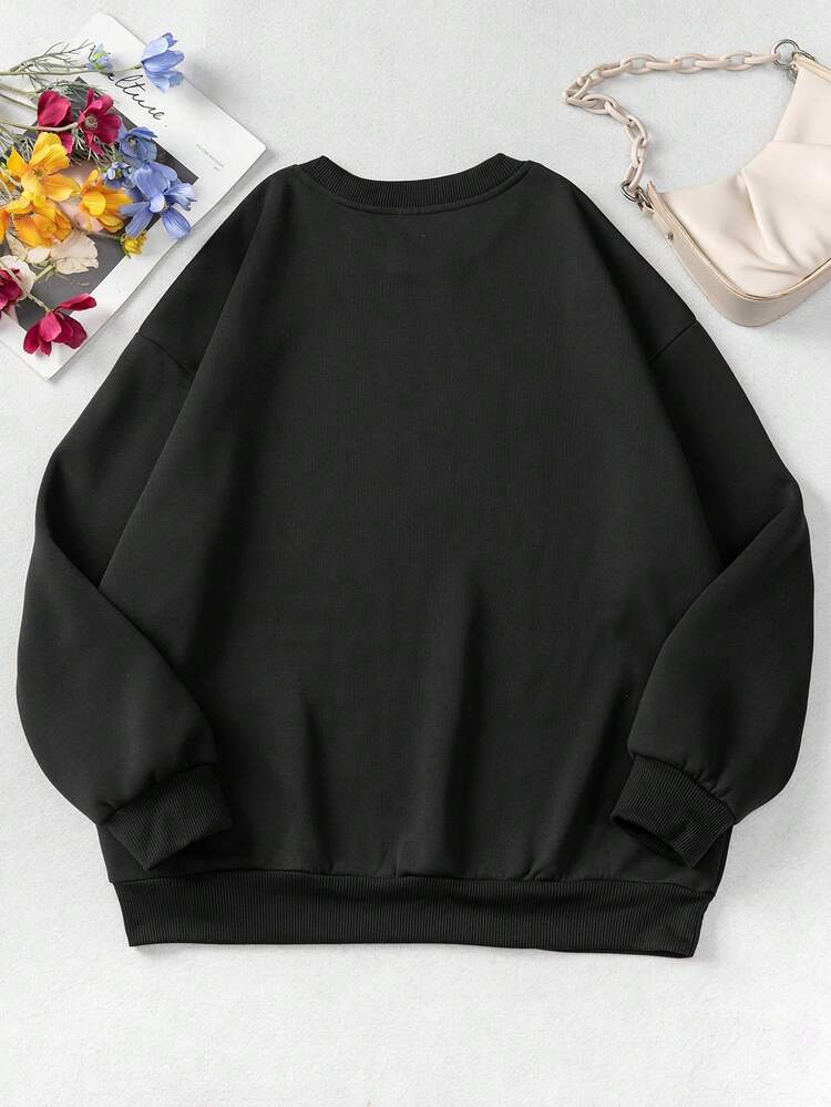 Women's Plus Size Letter Printed Drop Shoulder Fleece Sweatshirt Pullover Fall
