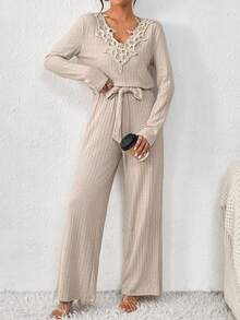 SHEIN Frenchy 單色連體褲,蕾絲接縫和腰帶 - 杏色 - 查看 3