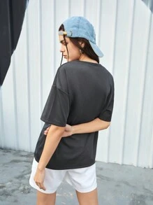 Street Sport Slogan Printed Round Neck Drop Shoulder Sleeve Sports T-Shirt - Black - View 2