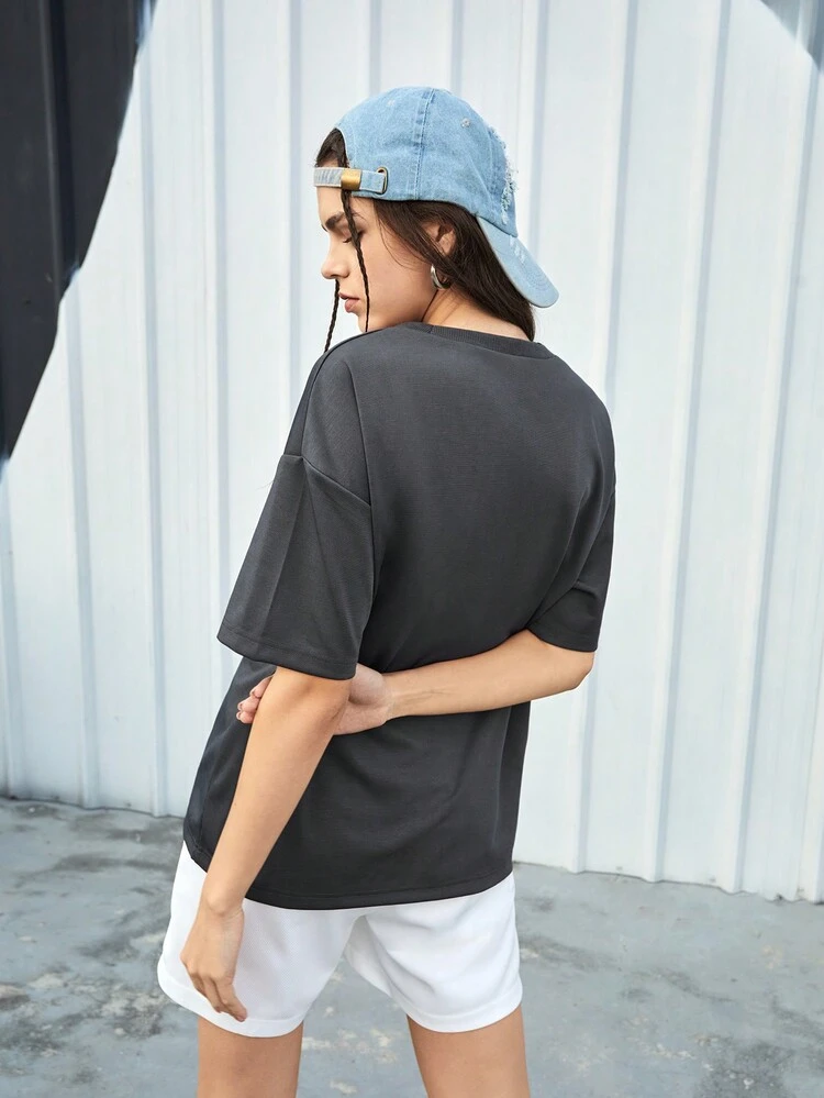 Slogan Printed Round Neck Drop Shoulder Sleeve Sports T-Shirt