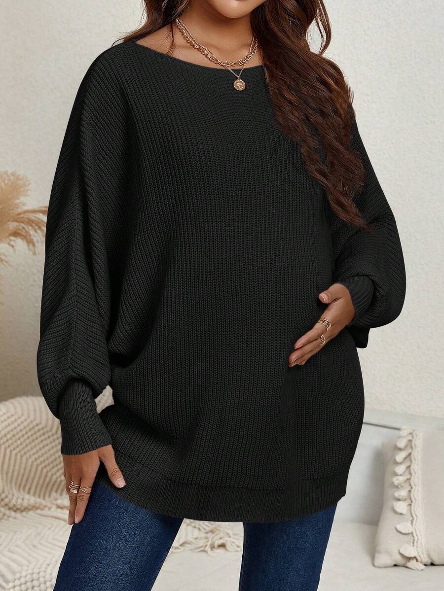 SHEIN Maternidad Jersey de manga murciélago tejido de canalé - Negro - Ver 1
