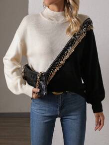 SHEIN LUNE 撞色亮片拼布立領毛衣 - 黑色 - 查看 5