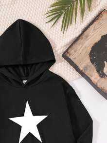 SHEIN 男孩寬鬆休閒連帽衫,帶星星圖案和下垂肩設計 - 黑色 - 查看 5