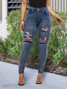 SHEIN LUNE Women's Plaid Patchwork Skinny Jeans With Distressed Details - Blue - View 3