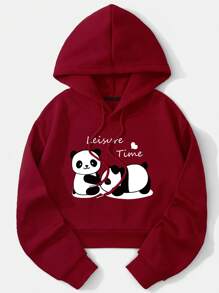 INAWLY Panda Printed Drawstring Hooded Fleece Short Sweatshirt,Long Sleeve Tops Graduation,Back To School,Graduation,Teacher For Women,Back To School Pullover Fall Sweatshirt - Burgundy - View 1