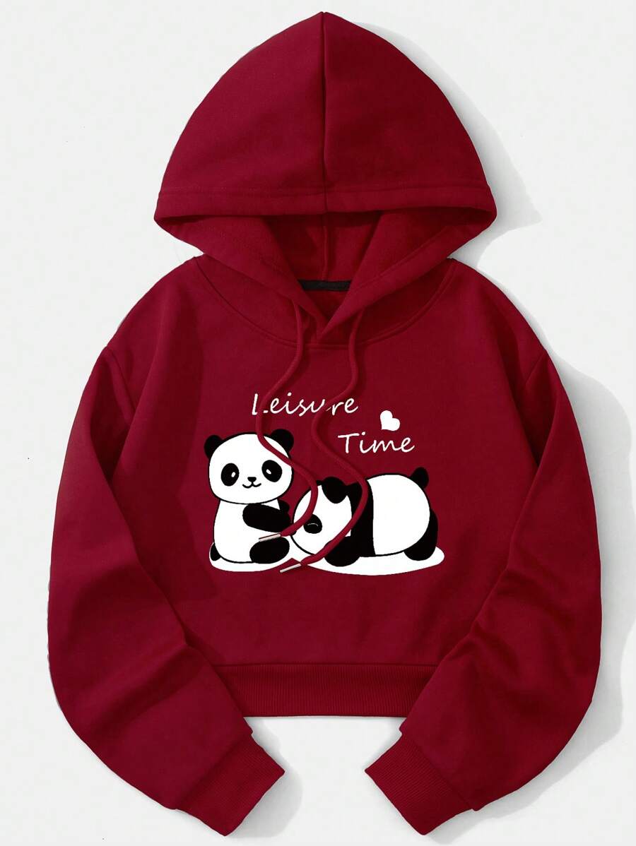 INAWLY Panda Printed Drawstring Hooded Fleece Short Sweatshirt,Long Sleeve Tops Graduation,Back To School,Graduation,Teacher For Women,Back To School Pullover Fall Sweatshirt - Burgundy - View 1