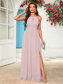 UNITHORSE 1 件纯色雪纺伴娘礼服，侧开衩，腰部收紧设计 - 粉色 - 查看 2