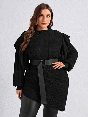NILLARY Designer Plus Size Vrouwen Ruffle Trim Ronde Hals Herfst Pullover Trui, Voor Herfst & Winter, Vakantie, Vakantie