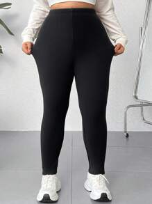 SHEIN EZwear 大码纯色保暖内衬紧身裤 - 黑色 - 查看 3