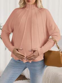 SHEIN Maternity Stand Collar Long Sleeve Sweater, For Winter - Coral Pink - View 6