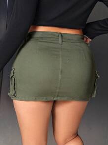 SHEIN ICON 大尺碼女士工作服牛仔裙帶口袋 - 軍綠色 - 查看 2